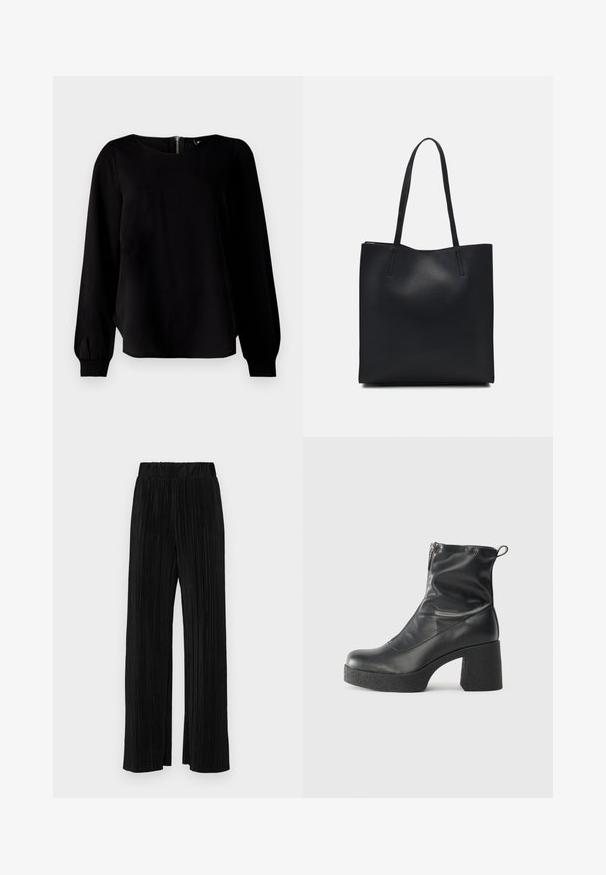 Crna majica dugih rukava s okruglim izrezom, nabranim manžetama i detaljem sa patentnim zatvaračem na leđima, izrađena od glatkog materijala s laganim sjajem.; Crne plisirane hlače s elastičnim pojasom. Imaju široke nogavice i glatku, teksturiranu tkaninu s vertikalnim prugama.; Crne gležnjače od glatke kože, s bočnim zatvaračem, debelim teksturiranim potplatom i dizajnom s zaobljenim prstima.; Crna kožna torba za nošenje s glatkom teksturom, pravokutnim oblikom i dvije duge ručke. Nema vidljivih metalnih dijelova ili ukrasa.