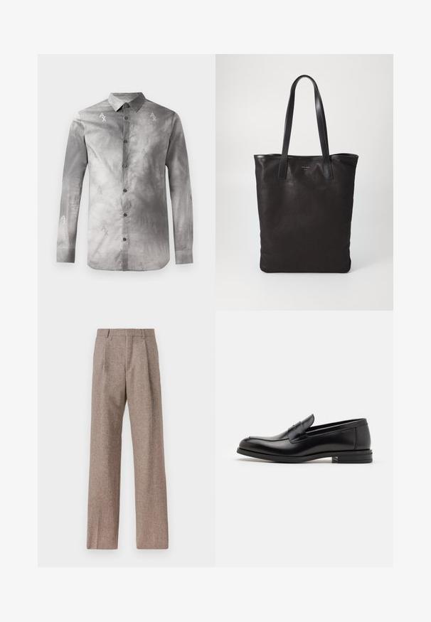 Harmaa pitkähihainen paita, jossa on nappikaulus. Paidassa on hienovarainen abstrakti kuvio ja toistuvia AX-logoja hieman tummemmassa harmaassa.; Ruskejat, korkeavyötäröiset housut, jotka on valmistettu teksturoidusta kankaasta. Ominaisuuksina ovat leveät lahkeet ja kaksi etupuolelle ommeltua laskosta rakenteen tukemiseksi. Siisti viimeistely ilman näkyvää metalliosaa.; Mustat nahkakengät, joissa on sileä pinta, pyöreä kärki ja koristeellinen nauha jalkapöydän yli. Matala pinoitu koroke, minimalistinen muotoilu.; Mustat kangaskassit mustilla nahkahandleilla. Yksinkertainen muotoilu, tilava runko ja sileä pinta. Ei näkyviä logoja tai kuvioita.