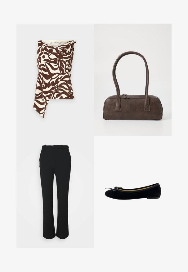Top sin mangas en marrón y crema con un patrón abstracto de hojas, que presenta un dobladillo asimétrico, una tela de textura suave y un detalle drapeado en el hombro.; Pantalones negros ajustados con un acabado suave, diseño de pierna recta y cinturilla. Cuenta con detalles de costura sutiles y sin bolsillos.; Bailarinas de terciopelo negro con punta redonda, un pequeño lazo en la parte delantera y un forro interior amarillo en contraste.; Bolso de mano de cuero marrón con dos asas robustas, forma rectangular, textura suave y cierre de cremallera. Diseño minimalista sin patrones visibles.