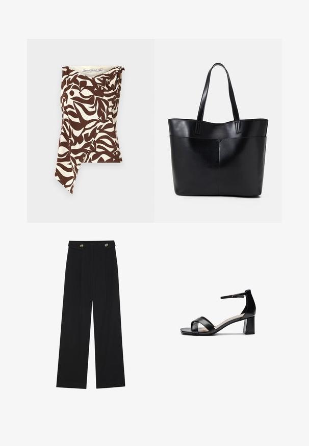 Brown and cream sleeveless top in abstract leaf pattern, featuring asymmetrical hem, soft textured fabric, and a draped detail at the shoulder.; Black wide-leg trousers with high waist, button details on waistband, and front pleats.; Black open-toe heeled sandal with crossed straps, adjustable ankle strap, and a chunky heel, featuring a smooth leather texture.; Black leather tote bag with two long handles, a smooth texture, and a structured shape. Features a front pocket for additional storage.