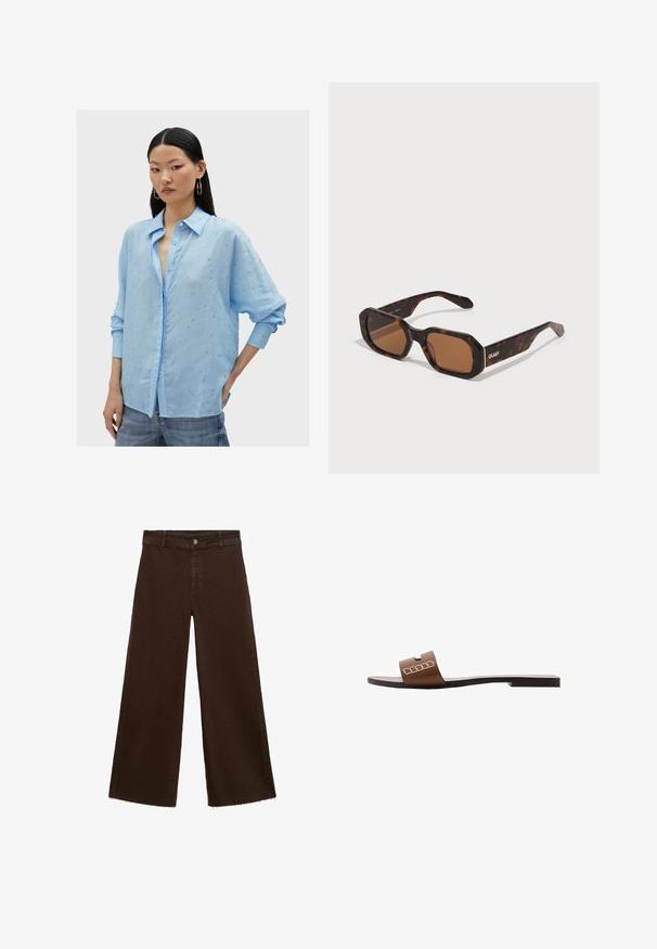Hellblaues Hemd mit entspannter Passform, strukturiertem Stoff und kleinen gestickten Details. Verfügt über einen klassischen Kragen und hochgerollte Ärmel.; Braune, weit geschnittene Hosen aus Baumwollmischung mit fransigem Saum, vorderem Knopfverschluss und klassischem Fünf-Taschen-Design. Minimalistisch und vielseitig.; Braune Leder-Slidesandalen mit flacher Sohle, ausgestattet mit einem breiten Riemen und weißen geometrischen Akzenten für ein minimalistisches Design.; Sonnenbrille im Schildpatt-Stil mit sechseckigem Rahmen, braunen Gläsern und goldfarbenem 'QUAY'-Logo am Bügel. Glatte Textur, robuster Aufbau.; Mango Shopping Bag - dark brown