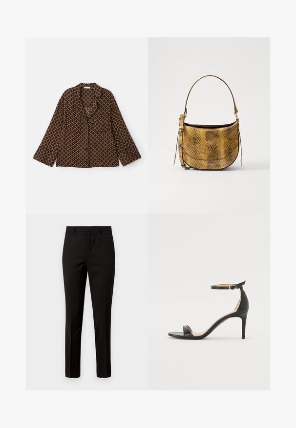 Smeđa košulja dugih rukava s dijamantnim uzorkom u bež boji. Ima šalski ovratnik, dva prednja džepa i široke rukave. Mekani materijal.; Crne krojene hlače ravnog kroja, izrađene od glatke tkanine, s ravnim prednjim dijelom i petljama za remen. Nema vidljivih uzoraka ili akcenata.; Crne kožne sandale na visokom potpeticu s remenom oko gležnja. Imaju glatku teksturu, otvoreni prst i tanku potpeticu. Detalj s kopčom u zlatnoj boji.; Vanessa Bruno MINI DAILY BAG - Torba preko tijela - camel