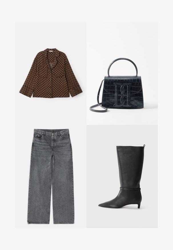 Smeđa košulja dugih rukava s dijamantnim uzorkom u bež boji. Ima šalski ovratnik, dva prednja džepa i široke rukave. Mekani materijal.; Široke traperice u tamnosivoj boji. Imaju visoki struk, dizajn s pet džepova i prednje kopčanje na dugme. Glatka tekstura s suptilnim izbljeđenjem.; Crne kožne čizme visine do koljena s izduženim prstima, ukrašene okruglom trakom oko gležnja i niskom, suženom petom. Glatka tekstura.; Crna torba od krokodilne kože s uzorkom, strukturiranog dizajna, gornjom ručkom, podesivom trakom i istaknutim logotipom sprijeda.; Broš u zlatnoj boji s čvorastim dizajnom, glatkim, zaobljenim linijama i složenim oblikom, koji odražava sjajnu površinu.