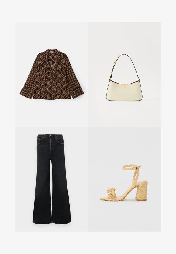 Brūns krekls ar pogām un diamenta rakstu bēšā krāsā. Tam ir šalla apkakle, divas priekšējās kabatas un platās piedurknes. Mīksta auduma tekstūra.; Melni plataji džinsa džinsi ar augstu vidukli, klasisku piecu kabatu dizainu un pogas aizdari priekšpusē.; Bēšas augstpapēžu sandaļi ar pītas faktūras dizainu, kas ietver dekoratīvu ziedu un potītes siksnu. Kvadrātveida papēdis nodrošina stabilitāti.; Kriemeļkrāsas ādas rokassoma ar izliekta formas dizainu. Iespējo zelta toņa logotipa uzsvars un plāna, regulējama tumša siksna.