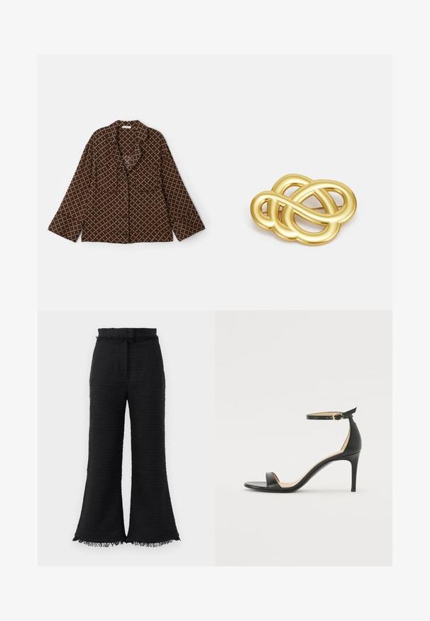 Camicia marrone con bottoni e motivo a rombi beige. Presenta un collo scialle, due tasche frontali e maniche ampie. Tessuto morbido.; Pantaloni neri a gamba larga con tessuto texturizzato, orlo sfrangiato e vita elasticizzata. Il design presenta una finitura liscia e una vestibilità rilassata.; Sandal in pelle nera con tacco alto e cinturino alla caviglia. Caratteristiche: texture liscia, punta aperta e tacco sottile. Dettaglio con fibbia tono oro.; Spilla in oro con un design annodato caratterizzato da linee morbide e curve e una forma intricata, che riflette una finitura lucida.