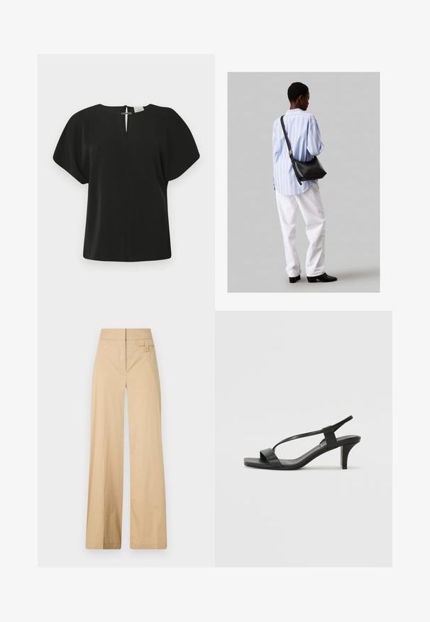 Mustapaitainen lyhythihainen paita, jossa on V-kaula-aukko ja takana sulkumekanismi. Valmistettu sileästä kankaasta, se on rento istuvuus ja minimalistinen muotoilu.; Hiekanväriset leveälahkeiset housut, jotka on valmistettu puuvillasekoituksesta. Niissä on sileä pinta, joustava vyötärö ja sivunappidetail.; Mustat korkokengät, joissa on kapea hihnadesign, neliömäinen varvas ja keskipitkä paksukorko. Valmistettu sileästä nahasta, jossa on mattapinta.; Musta nahkainen olkalaukku, jossa on pehmeä rakenne, kolmion muoto ja säädettävä hihna, yhdistettynä vaaleansiniseen raidalliseen paitaan ja valkoisiin housuihin.