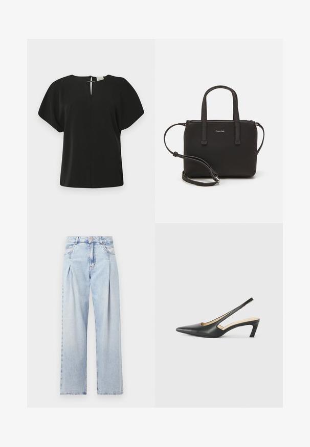 Black short-sleeve blouse with a V-neck, featuring a back closure. Made of a smooth fabric, it has a relaxed fit and minimal design.; Light blue denim jeans with a high waist, wide-leg cut, two side pockets, and pleated design feature. Soft texture with a faded finish.; Black pointy-toed slingback shoe with a low heel, featuring smooth leather material and cut-out design on the side for breathability.; Black handbag with dual short handles and a removable shoulder strap. Smooth leather-like material with a zip closure and logo detail.