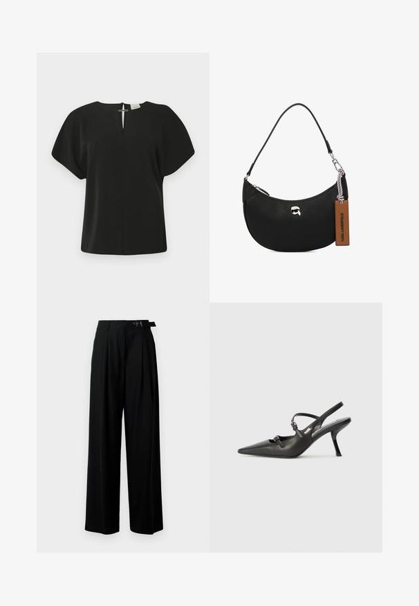 Blusa nera a maniche corte con scollatura a V, dotata di chiusura sul retro. Realizzata in un tessuto liscio, presenta una vestibilità rilassata e un design minimalista.; Pantaloni neri a gamba larga con vita alta, pieghe nella parte anteriore e una cintura con fibbia. Realizzati in tessuto liscio e leggero.; Scarpe slingback nere in pelle con punta affilata, tacco sottile e dettaglio decorativo a fibbia sulla tomaia. Texture liscia e design elegante.; Borsa a tracolla nera in pelle con texture martellata, forma curva, chiusura superiore con zip, hardware color argento e un'etichetta marrone. Presenta un accento con logo.