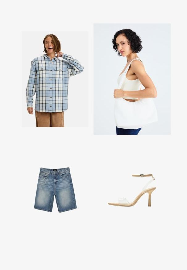 Světle modrá a bílá flanelová košile s černou kostičkovanou vzorem, která má dvě kapsy na prsou a zlaté knoflíky, je navržena s uvolněným střihem.; Džínové šortky v světle modré barvě, s páskem s poutky, pěti kapsami a mírně vybledlým vzhledem pro opotřebovaný efekt.; Průhledná sandálová obuv s průhledným svrškem, béžovou stélkou a štíhlým páskem kolem kotníku. Má špičatou špičku a tenký vysoký podpatek.; Bílá kabelka přes rameno vyrobená z hladkého materiálu, s oválným výřezem a širokým designem popruhu. Jednoduchá a moderní, bez viditelného hardwaru.