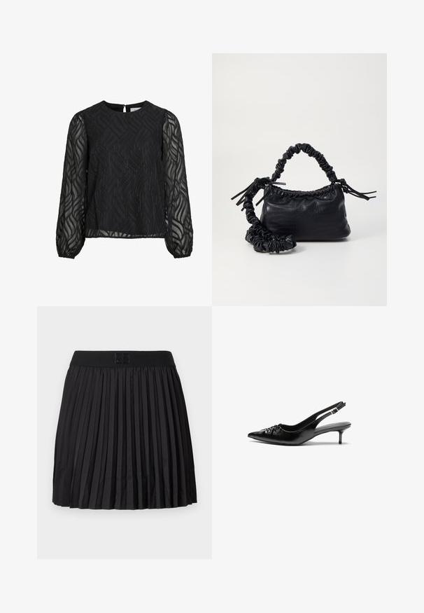 Bluză neagră cu mâneci lungi din voal, model texturat cu frunze, decolteu rotund și o clapetă mică la spate.; Fustă plisată neagră cu o textură netedă, având un brâu solid negru și un detaliu cu logo în relief în față.; Cizme slingback din piele neagră, cu vârf ascuțit, toc mic de tip kitten heel și un detaliu decorativ sub formă de nod în față. Textură netedă pe întreaga suprafață.; Geantă din faux leather neagră cu textură de crocodil, cu partea superioară strânsă și o curea mototolită. Pare moale și compactă ca design.