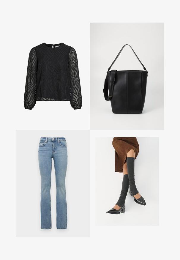 Melna blūze ar garām caurspīdīgām piedurknēm, teksturētu lapu rakstu, apļa izgriezumu un mazu atslēgu caurumu aizmugurē.; Gaiši zili, platāki džinsi ar vidēju vidukli, ar piecām kabatām, jostu cilpiņām un viegli nolietotiem gurniem.; Melnas laka ādas apavi ar norādītu purngalu, blokveida papēdi un potīšu jostu, saskaņoti ar pelēkām ribotām kāju sildītājām un brūnu zamšādas svārku.; Melnas ādas spainis ar gludu tekstūru, ar divām nēsāšanas siksnām un kontrastējošu vertikālu šuvju detaļu priekšā.