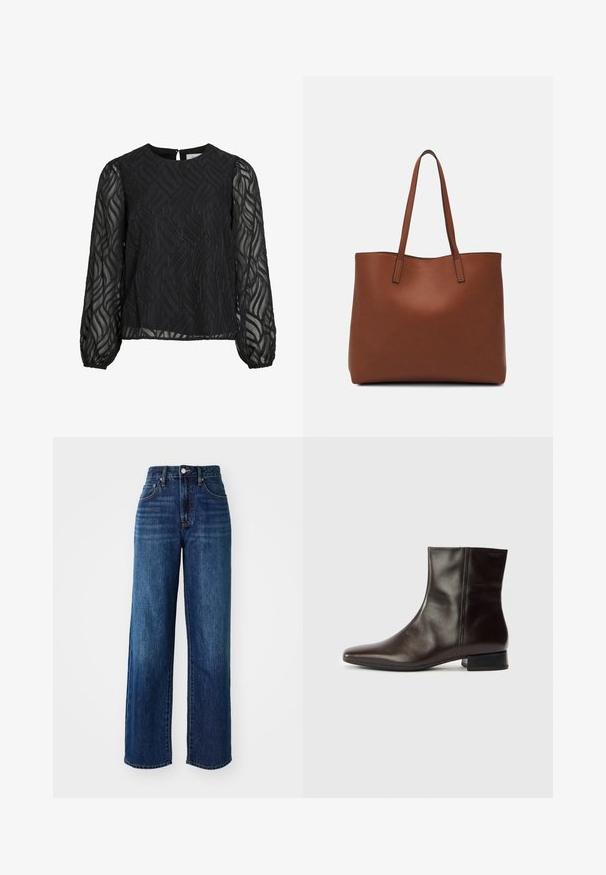 Blusa preta com mangas longas transparentes, padrão texturizado de folhas, decote redondo e um pequeno fecho em forma de gota nas costas.; Mangas de ganga azul-escuro com uma cintura alta, design de pernas largas, bolsos frontais e traseiros, e um leve desbotamento. Acessórios metálicos na cintura.; Bota de cano baixo em couro castanho com bico apontado, textura lisa, salto médio e design simples. Estilo minimalista sem adornos.; Bolsa tote de couro castanho com uma textura suave, design de abertura superior e duas alças para o ombro. Apresenta costura mínima e sem hardware visível.