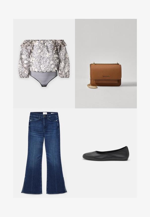 Bodysuit s odhalenými rameny, květinovým vzorem, volánkovými rukávy, černým lemem a kombinovaným vzorem v odstínech šedé, bílé a béžové. Materiál je lehký.; Tmavě modré zvonové džíny vyrobené z denimu. Mají vysoký pas, přední kapsy a rozparky na lemu. Klasický design s pěti kapsami.; Černé kožené baletní byty s kulatou špičkou, hladkou texturou, minimálními švy a flexibilním designem podrážky.; Hnědá texturovaná kožená kabelka přes rameno se zlatým řetízkovým popruhem a klopnovým uzavíráním. Přední strana obsahuje detail loga a kapsu pod klopou.
