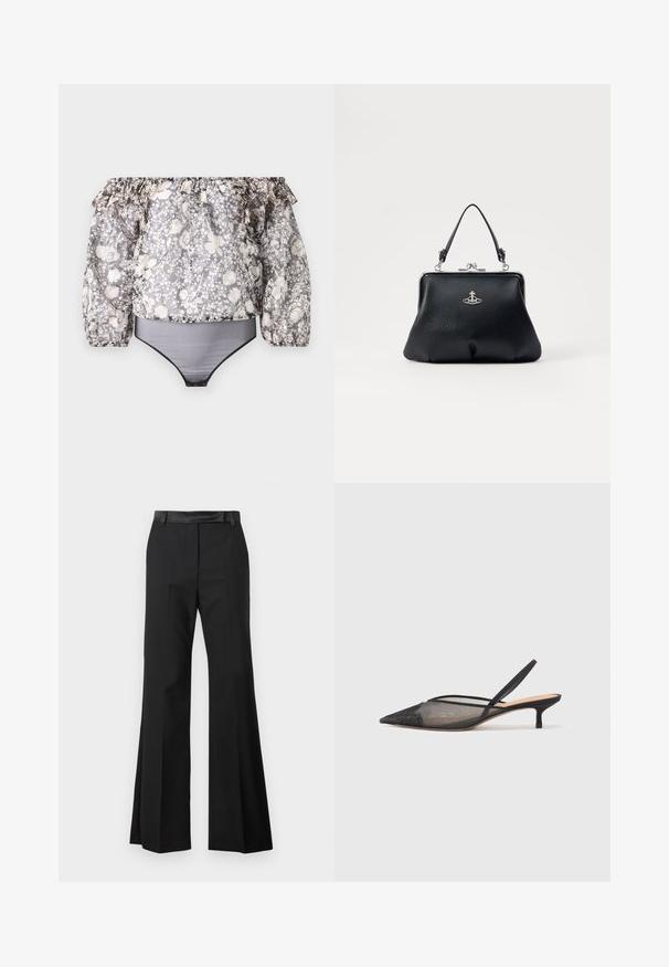 Body floral com alças descidas, apresentando mangas em babados, acabamento preto e um padrão misturado de cinza, branco e bege. O material é leve.; Calças largas pretas com um acabamento de tecido suave, apresentando um cós sólido e pregas vincadas para um visual ajustado.; NEOUS IRENA - Saltos clássicos - black; Bolsa de mão de couro preto com uma superfície texturizada, ferragens prateadas, fecho de fecho e uma alça curta para transporte. Design compacto e estruturado.; Colar em tom de ouro com elos torcidos, pérolas brancas e um detalhe em pedra verde. Apresenta detalhes intrincados e um fecho para encerramento.