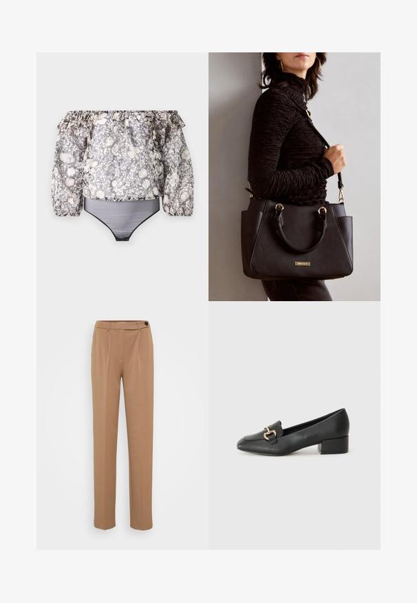 Body floral com alças descidas, apresentando mangas em babados, acabamento preto e um padrão misturado de cinza, branco e bege. O material é leve.; Calças castanhas personalizadas com pernas retas, apresentando um fecho de botão único e um design frontal plissado. Textura suave, estilo minimalista.; Mocassins de couro preto com um salto baixo, apresentando um detalhe decorativo em metal dourado na parte da frente e uma textura suave.; Bolsa preta com superfície texturizada, alças superiores duplas e alça de ombro ajustável. Apresenta ferragens em tom dourado e bolsos laterais.