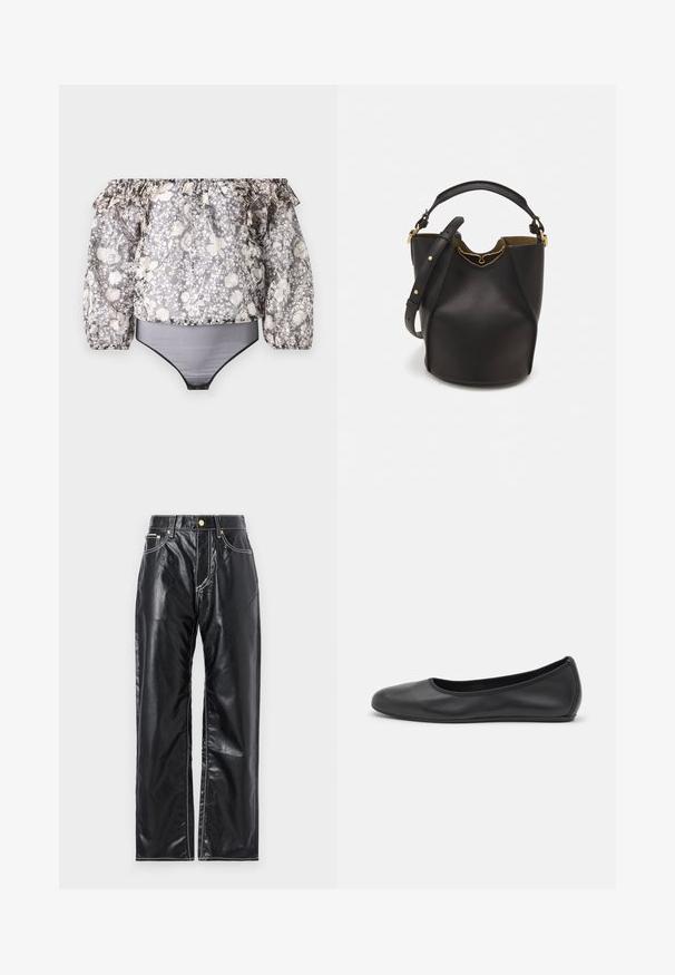 Õlgadelt avatud lilleline bodysuit rippuvate varrukatega, musta ääristuse ja halli, valge ning beeži segatud mustriga. Materjal on kergweight.; Mustad kunstnahk püksid laia sääre lõikega, valgete õmblustega, esi-taskutega ning kuldse nupuga vöökoha juures.; Musthave mustika tantsutossud mustast nahast, ümmarguse varbaga, siledast tekstuurist, minimaalse õmblusdetailiga ja paindliku tallakujundusega.; Mustast nahkämbriga kott tekstuurses viimistluses, kuldsete metalldetailide aktsentidega ja avatud ülaosaga. Omab lühikest käepidet ja reguleeritavat õlavarre rihma.