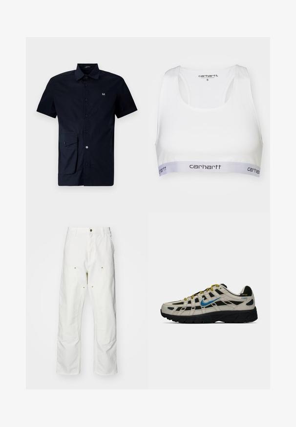 Camisa de botones de manga corta en azul marino, hecha de algodón, con un bolsillo de parche en el lado izquierdo y un pequeño parche de logo en el pecho.; S sujetador deportivo blanco con un tejido suave, diseño de espalda nadadora y una banda elástica gris que presenta el logo de Carhartt en negro. Talla pequeña.; Pantalones cargo de algodón blancos con un corte relajado. Las características incluyen bolsillos frontales, detalles en dorado y secciones de rodilla reforzadas.; Zapatilla Nike P-6000 en beige y negro con swoosh azul, cordones amarillos, suela negra y etiqueta de tela Cordura en el talón.
