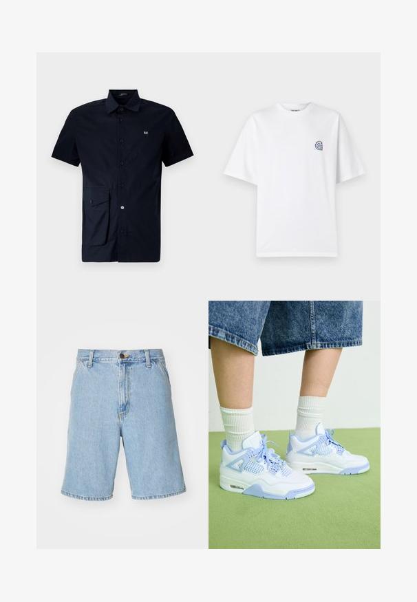 Korte mouwen marineblauw overhemd met knopen, gemaakt van katoen, met een patchzak aan de linkerkant en een klein logo-patch op de borst.; Witte katoenen t-shirt met ronde hals en korte mouwen. Heeft een klein blauw logo op de linkerborst. Gladde textuur.; Lichtblauwe denim shorts met een relaxte pasvorm, voorzien van een ritssluiting, knoopsluiting en vier zakken. De stof heeft een zachte textuur.; Witte en lichtblauwe sneakers met gaasaccenten, een ronde neus, veters en een luchtkusseneenheid, gecombineerd met witte geribde sokken en denim short.
