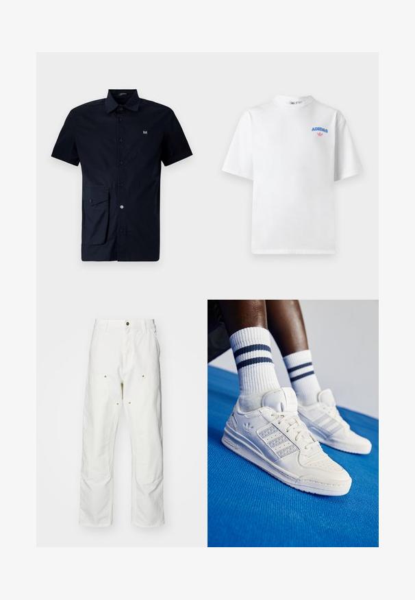 Tengerés színű, pamut rövidujjú gombos ing, bal oldalon egy zsebbel és a mellkason egy kis logóval.; Fehér pamut póló rövid ujjakkal, kerek nyakkivágással, kék "ADIDAS" felirattal és rózsaszín logóval a mellrészen. Egyszerű, sima textúrájú.; Fehér pamut cargo nadrág, laza szabású. Jellemzői közé tartozik az elülső zsebek, az arany színű fémalkatrészek és a megerősített térd részek.; Fehér bőr sportcipők perforált díszítéssel, három fényes csíkkal és texturált oldalpanellel. Fehér zoknival viselve, ami kék csíkos.