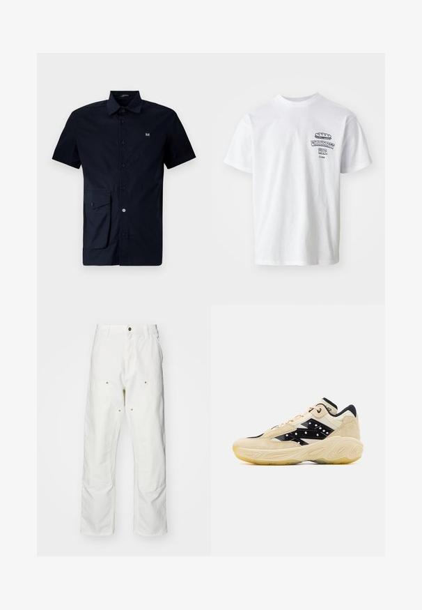 Camicia a maniche corte di colore blu navy, realizzata in cotone, con una tasca applicata sul lato sinistro e un piccolo logo ricamato sul petto.; T-shirt bianca in cotone con maniche corte, colletto tondo e una stampa grafica che presenta il testo "Carhartt WIP" e un'illustrazione di cibo sul petto.; Pantaloni cargo bianchi in cotone con vestibilità rilassata. Tra le caratteristiche ci sono tasche frontali, dettagli in metallo dorato e sezioni rinforzate sulle ginocchia.; Sneaker beige e nera con upper in suede, caratterizzata da un pannello laterale nero liscio con punti bianchi e una suola in gomma testurizzata.