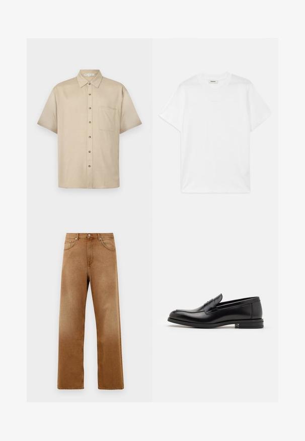 Chemise à manches courtes, de couleur beige clair, fabriquée en tissu doux, avec un col, fermeture par boutons sur le devant et une poche poitrine.; T-shirt en coton blanc avec un col rond, des manches courtes et un logo discret imprimé sur le devant. Texture lisse et design simple.; Jean en denim marron à jambes larges avec taille haute, comportant deux poches avant, une fermeture à bouton et une texture subtile. Pas de motifs ou d'accents visibles.; Mocassins en cuir noir avec une texture lisse, bout rond et une sangle décorative sur le dessus. Talon bas empilé, design minimaliste.