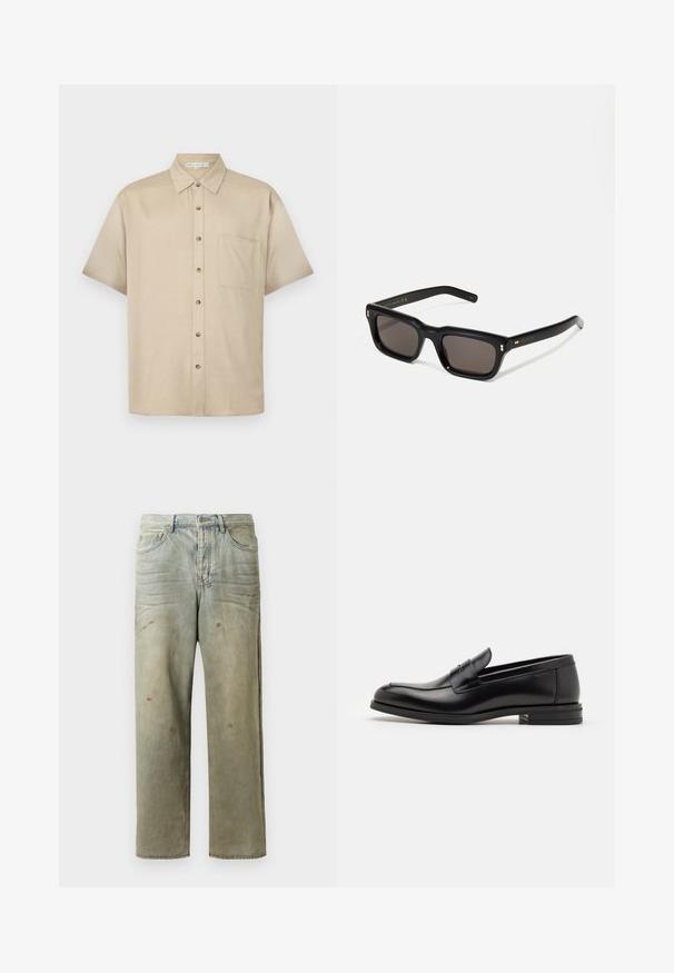 Kortærmet, lys beige skjorte lavet af blødt stof, med krave, frontlukning med knapper og en enkelt brystlomme.; Slidte denimjeans i lysegrøn med lige ben, femlommerdesign og ujævn falming med malersplatter.; Sorte læderloafers med en glat overflade, rund tå og en dekorativ strop over vampen. Lav hæl med stabeldesign, minimalistisk stil.; Sorte rektangulære solbriller med mørke glas, tyk plastisk ramme, guldtryk på stængerne og brandlogo indgraveret på armen.