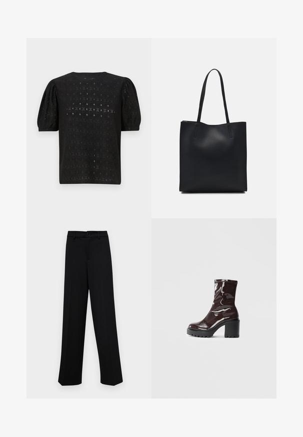 Melnā izšūtā blūze ar apaļu kakla izgriezumu, pūkainām piedurknēm un sarežģītu atvērtu rakstu caur audumu.; Melnas platajās bikses, kas izgatavotas no gludas auduma, ar klasisku jostu un pogu aizdari, kā arī priekšējām kroku detalizācijām.; Spīdīgas bordo potīšu botītes ar masīlu melnu papēdi, kurām ir gluda tekstūra un vienkāršs dizains. Nav redzamu aizdari vai rakstu.; Melnas ādas somiņa ar gludu tekstūru, taisnstūra formu un divām garām rokturiem. Nav redzamu aparatūras vai rotājumu.