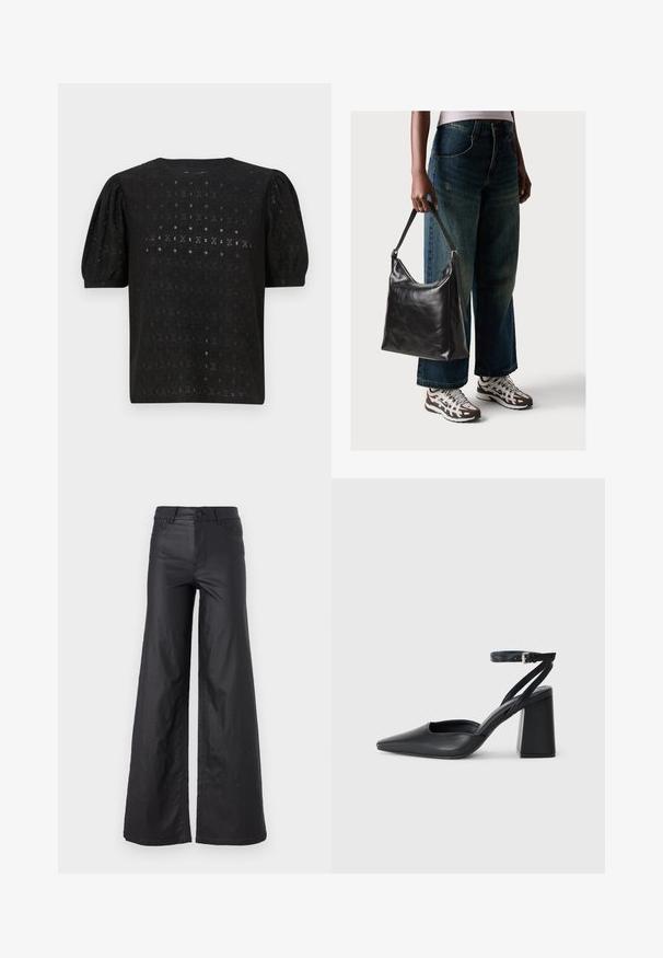 Juodas siuvinėtas viršus su apvaliu iškirpimu, pūstomis rankovėmis ir sudėtinga atvirų raštų dangaus visame audinyje.; Juodos, plačios kelnės iš dirbtinės odos. Yra aukštas liemuo, kilpelės diržui, dvi priekinės kišenės ir siuvinėti detalėmis.; Juoda odinė smailiagalė aukštakulnio bateliai su kulkšnies dirželiu ir storu kulnu. Lygus paviršius, elegantiškas dizainas ir minimalistiška estetinė. ; Juodas odinis peties krepšys su lygiu paviršiumi ir reguliuojama dirželiu, derinamas su nublukusiais plačiapurčiais džinsais ir sportiniais batais.