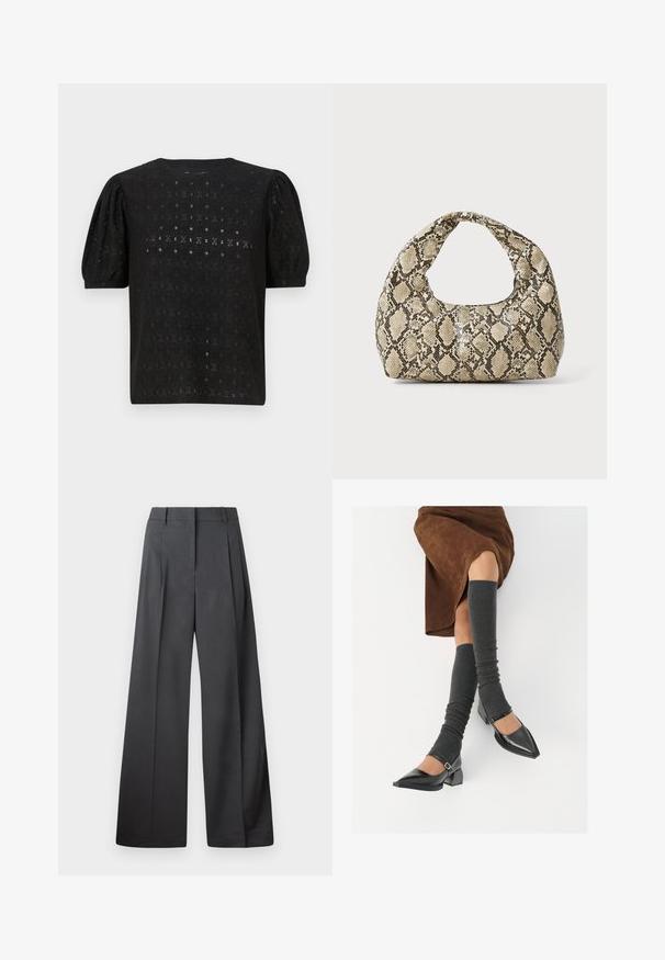 Top nero ricamato con scollatura tonda, maniche a sbuffo e un intricato motivo a traforo su tutta la stoffa.; Pantaloni a gamba larga in tessuto grigio scuro, con vita alta, pieghe singole e una texture liscia con una finitura pulita sui orli.; Scarpe nere in pelle verniciata con punta affilata, tacco a blocco e cinturino alla caviglia, abbinate a scaldamuscoli grigi a coste e una gonna in suede marrone.; Borsa a stampa rettile con manico curvo. Realizzata in materiali testurizzati beige e marroni, presenta un distintivo motivo a rombi.