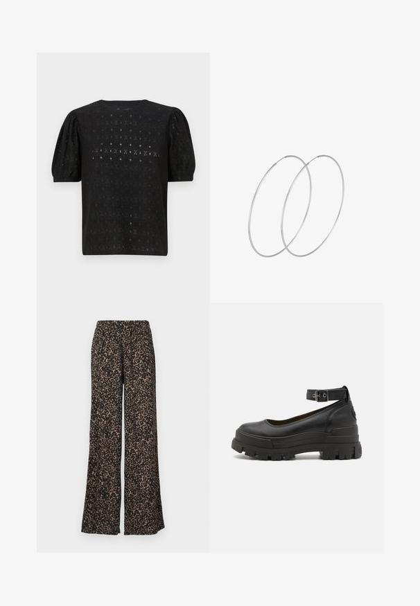 Czarna haftowana bluzka z okrągłym dekoltem, bufiastymi rękawami i skomplikowanym wzorem ażurowym na całej tkaninie.; Spodnie o szerokich nogawkach w wzór w panterkę w odcieniach czerni i brązu, wykonane z lekkiego materiału, z elastycznym pasem.; Buffalo ASPHA czarny; Srebrne kolczyki w formie obręczy o minimalistycznym designie. Okrągły kształt, gładka faktura i cienki profil. Lekkie, z polerowanym wykończeniem.