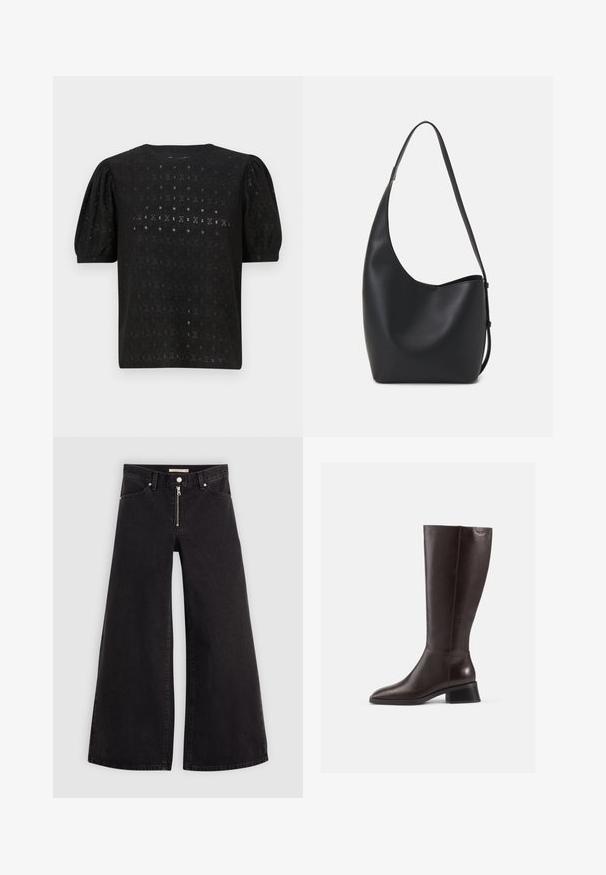 Haut noir brodé avec un col rond, des manches bouffantes et un motif ajouré complexe sur l'ensemble du tissu.; Jean large en denim noir avec une fermeture éclair à l'avant, un design à cinq poches et des détails de couture subtils. Texture lisse et style décontracté.; Bottes en cuir marron arrivant au genou avec une finition lisse, bout rond et un talon empilé noir. Design simple avec des détails matériels minimaux.; Sac hobo en cuir noir avec une texture lisse, une forme incurvée et une seule sangle réglable ; dispose d'une large ouverture en haut.