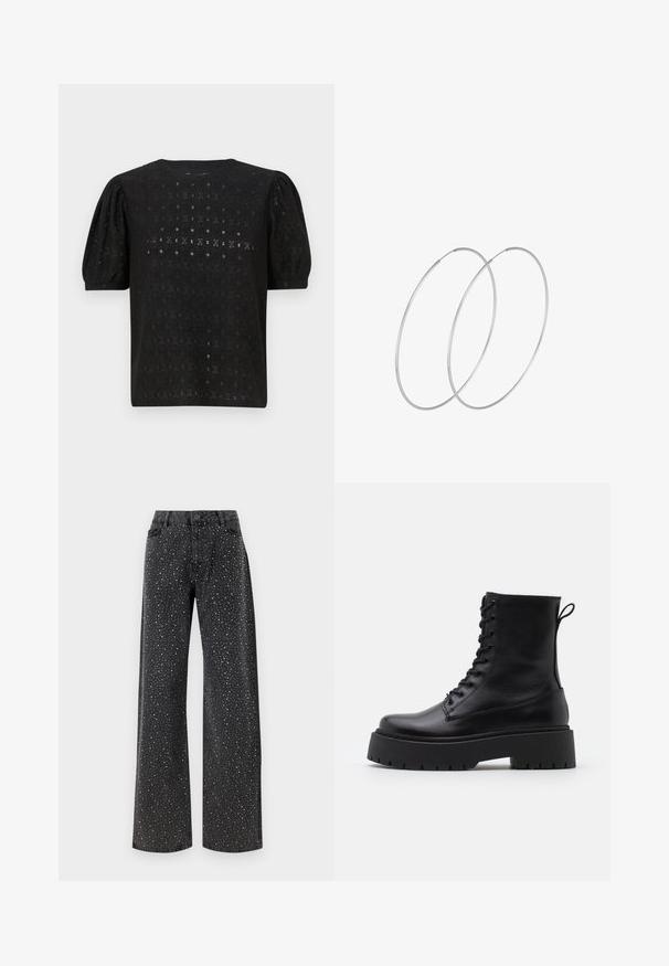 Zwarte geborduurde top met een ronde halslijn, puffmouwen en een ingewikkeld openwerkpatroon door de stof.; Noisy May NMJANNEL LOOSE - Relaxed fit jeans - black denim; Zwarte leren enkelboots met een ronde neus, vetersluiting aan de voorkant en een dikke rubberen zool met een gestructureerd profiel. Trekbandje aan de achterkant.; Zilveren hoepel oorbellen met een minimalistisch ontwerp. Cirkelvormig, gladde textuur en dun profiel. Lichtgewicht met een gepolijste afwerking.