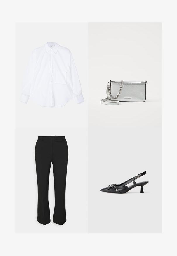 White long-sleeve shirt made of smooth fabric, featuring a button-down front, large collar, rounded hem, and a single left chest pocket with stitching detail.; Black tailored pants with a straight-leg design, featuring belt loops and side pockets. Made from smooth fabric with a clean finish.; Black leather slingback shoe with a pointed toe, decorative straps featuring metal eyelets, and a low block heel. Textured surface.; Silver leather crossbody bag with a textured finish, chain and strap accents, and a zipper closure. Features a logo on the front.