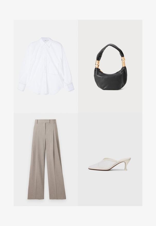 Biela košeľa s dlhým rukávom z hladkej tkaniny, s button-down prednou časťou, veľkým golierom, okrúhlym spodným lemom a jednou ľavou náprsníkou so stehovým detailom.; By Malene Birger BARIA - Nohavice - grey brown melange; Biele sieťované lodičky s špicatou špičkou, s úzkym stredne vysokým podpätkom a bez zapínania, na jednobodovom pozadí.; Čierna kožená kabelka s guľatým tvarom, príjemnou textúrou a uzlíkovou rukoväťou s akcentmi zlatého tónu. Zipsové uzatvorenie.
