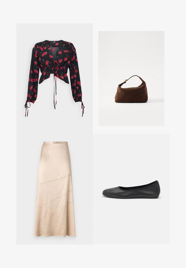 Juoda palaidinė su ilgomis rankovėmis, surišta priekyje. Puikuojasi raudonų vyšnių raštais ir elastingais rankogaliais. Lengvas, plazdantis audinys su V formos iškirpte.; Šviesiai smėlinė satino midi sijonas, pasižymintis plazdančia siluetu, įstrižais siuvinėjimo detalėmis ir lygiu paviršiumi su švelniu blizgesiu.; Juodai odiniai baletai su apvaliu pirštu, lygi texture, minimalus siuvimo detales ir lanksčiu padų dizainu.; Ruda suede rankinė su lenkta forma, trumpa rankena ir auksiniais detalių akcentais. Lygus paviršius ir minimalistinis dizainas.