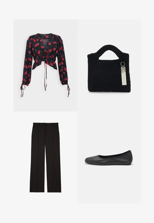 Blusa nera con maniche lunghe, legata davanti. Caratterizzata da una stampa di ciliegie rosse e polsini elastici. Tessuto leggero e fluido con scollatura a V.; Pantaloni neri su misura realizzati in un tessuto liscio, con un design a gamba dritta e due tasche laterali. Costruzione elegante e minimalista.; Pantofole da balletto nere in pelle con punta arrotondata, texture liscia, dettagli di cucitura minimi e design con suola flessibile.; Won Hundred MARSIELLE COMPUTER BAG UNISEX - Borsa porta PC - black