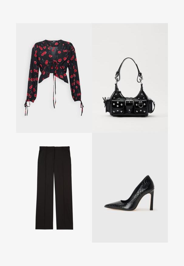 Sort bluse med lange ærmer, bundet foran. Har rødt kirsebærprint og elastiske manchetter. Let, svævende stof med v-hals.; Sorte skræddersyede bukser lavet af et glat stof, med et lige ben-design og to sidelommer. Elegant og minimalistisk konstruktion.; Sorte spidse tå stiletto-sko i krokodilleskind med et strømlinet design, høj hæl og glat sort inderside.; Sort læderhåndtaske med et buet design, prydet med sølvfarvede nitter, en spænde og to sidelommer. Justerbar rem til forskellige bære muligheder.