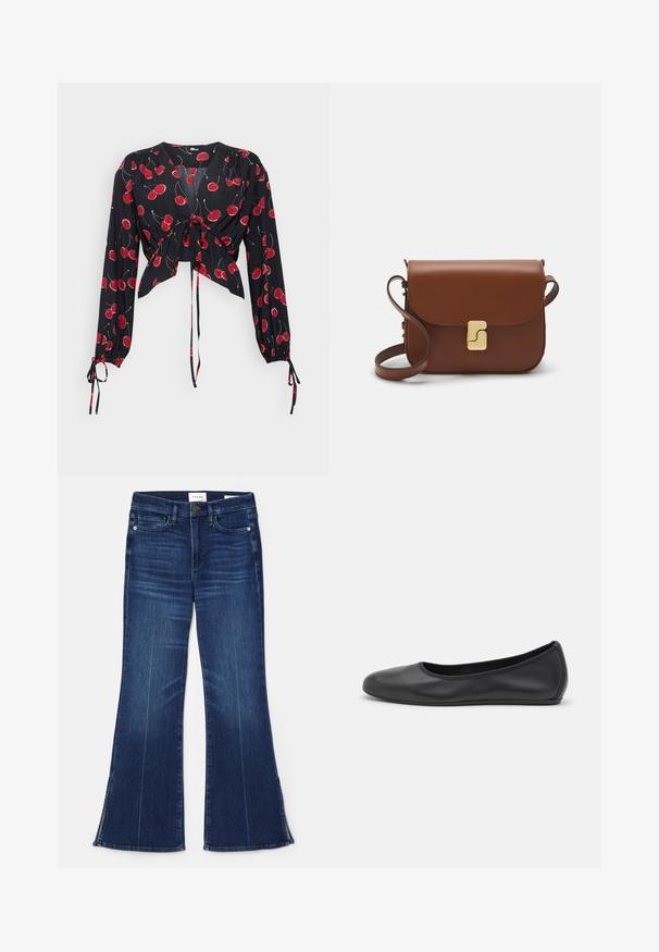 Schwarze Bluse mit langen Ärmeln, vorne gebunden. Mit rotem Kirschmuster und elastischen Manschetten. Leichter, fließender Stoff mit V-Ausschnitt.; Dunkelblaue, ausgestellte Jeans aus Denim. Mit hoher Taille, vorderen Taschen und Schlitzen am Saum. Klassisches Fünf-Taschen-Design.; Schwarze Leder-Ballettschuhe mit abgerundeter Spitze, glatter Textur, minimalen Nähdetails und einem flexiblen Sohlen-Design.; Braune Ledertasche mit Klappenverschluss, Beschlägen in Goldfarbe, einem Schultergurt und einer glatten Oberfläche. Kompakte rechteckige Form.