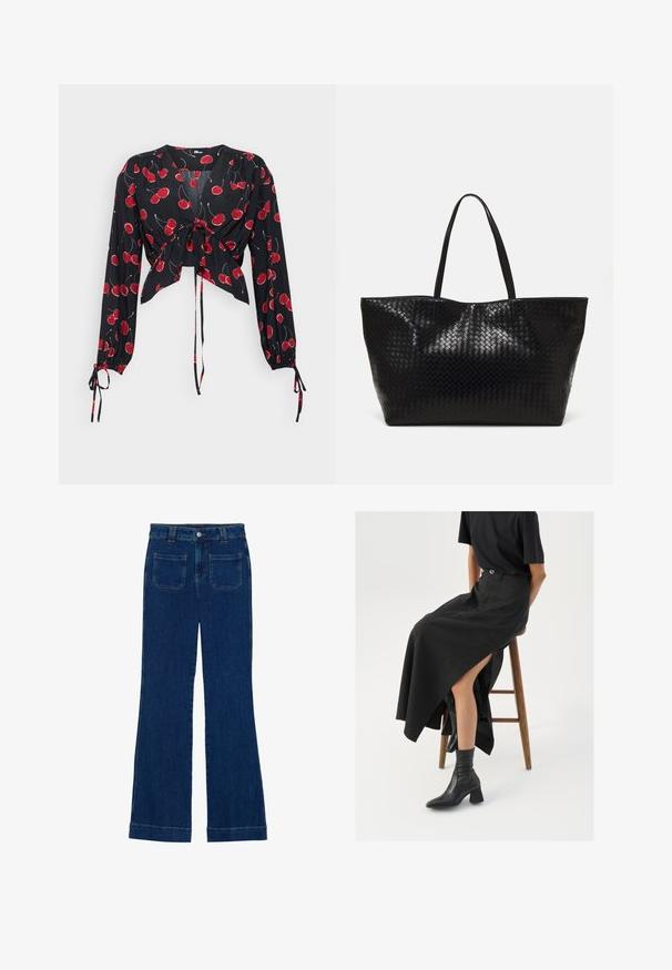 Schwarze Bluse mit langen Ärmeln, vorne gebunden. Mit rotem Kirschmuster und elastischen Manschetten. Leichter, fließender Stoff mit V-Ausschnitt.; Dunkelblaue Denim-Jeans im Schlagstil mit glatter Textur, Fünf-Taschen-Design und einem Knopfverschluss an der Taille.; Schwarzer Leinen-Maxi-Rock mit hohem Schlitz, getragen mit einem schwarzen T-Shirt und schwarzen Knöchelstiefeln. Minimalistisches Design mit lockerer Passform.; Schwarze geflochtene Tragetasche mit zwei stabilen Griffen, die eine glänzende Textur und ein geräumiges offenes Design bietet.