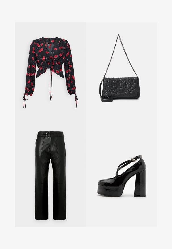 Schwarze Bluse mit langen Ärmeln, vorne gebunden. Mit rotem Kirschmuster und elastischen Manschetten. Leichter, fließender Stoff mit V-Ausschnitt.; Hochtaillierte schwarze Lederhose mit weitem Bein, großen aufgesetzten Taschen vorne und einem passenden Gürtel mit Doppelringverschluss.; The Kooples CHAUSSURES - High Heel Pumps - black; Schwarze, gesteppte Lederhandtasche mit einer Kettenriemen, die mit Totenkopf-Akzenten und einem Reißverschluss versehen ist. Strukturiert Oberfläche mit einem glänzenden Finish.