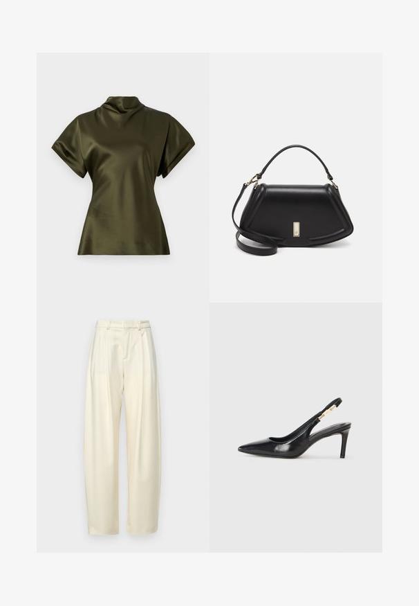 Olivenfarvet satin top med høj krave, korte ærmer og en struktureret silhuet. Glat tekstur, ingen synlige mønstre eller accenter.; Plisserede, højlivede bukser i let cremefarvet stof. Har en lige pasform og en glat tekstur. Ingen lommer eller synligt hardware.; Sort læder slingback højhælede sko med spidse tæer, glat overflade og en smal ankelrem med guldfarvede hardware detaljer.; Sort læderhåndtaske med en struktureret design, der har en kortet form, tophåndtag og guld hardware-accenter. Justerbar skulderrem inkluderet.
