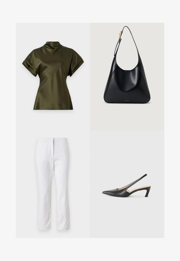 Olívazöld selyemfelső magas gallérral, rövid ujjakkal és struktúrált sziluettel. Simás textúra, nincsenek látható minták vagy díszek.; Fehér pamut nadrág egyenes lábformával, közepes derékkal, látható fémrészek vagy minták nélkül. Sima textúra az egész anyagon.; Fekete, hegyes orrú, slingback cipő alacsony sarkával, sima bőrből készült, oldalt kivágott deisgnal a légáteresztőképesség érdekében.; Fekete bőr válltáska sima textúrával, ívelt szilüettel és arany színű fém díszítéssel. Az alján bemart márkalogó található.