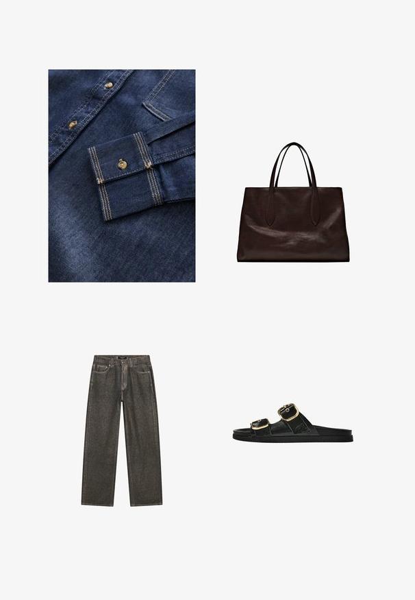 Camicia in denim blu scuro con cuciture marrone chiaro, dotata di colletto button-down e una tasca singola sulla manica sinistra.; Jeans a gamba larga grigio scuro in denim, con un classico design a cinque tasche, cuciture resistenti e zip con chiusura a bottone.; Infradito neri con due accenti di fibbia dorata, materiale dalla texture liscia, suola piatta e design minimalista.; Massimo Dutti Borsa a mano - brown