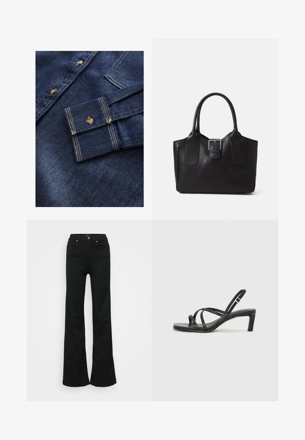 Tumši zila denima krekls ar gaiši brūnu šuvēm, ar pogu uz leju kaklu un vienu kabatu uz kreisā piedurkne.; Melnas flared džinsas, izgatavoti no denima, ar augstu jostasvietu, piecām kabatām un metāla pogu aizdari. Gluda tekstūra ar minimālu apdari.; Melnas strappy sandales ar kvadrātveida purngaliem un zemu bloku papēdi. Ievērojamas ar vairākiem plāniem siksniņām un regulējamu potītes siksniņu. Izgatavotas no gludas ādas.; Melnas ādas somiņa ar gludu tekstūru, strukturētu formu, divām rokturām un izteiktu sudraba sprādzi priekšpusē.