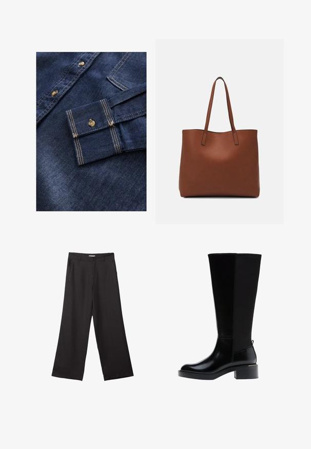 Tamno plavi traper košulja s svijetlosmešavom koncem, koja ima ovratnik s dugmadi i jednu džep na lijevom rukavu.; Crne hlače širokog kroja izrađene od glatkog materijala, s prednjim patentnim zatvaračem i dva bočna džepa, s prilagođenim fitom i minimalističkim dizajnom.; Crne kožne čizme do koljena s sjajnim završetkom, kvadratnim vrhom, blok petom i detaljem na bočnom šavu. Imaju hendle za povlačenje straga.; Smeđa kožna torba preko ramena s glatkom teksturom, otvorenim vrhom i dvjema naramenicama. Ima minimalne šavove i nema vidljivog hardvera.