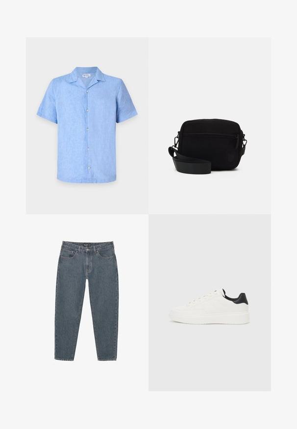 Koszula na krótki rękaw z jasnoniebieskiego lnu, z kołnierzykiem, z przodu zapinana na guziki i o luźnym kroju. Gładka tekstura z minimalnym zdobieniem.; Granatowe jeansy z luźnym krojem, pięcioma kieszeniami, zapięciem na guzik i lekko postrzępionym dołem. Trwały materiał o subtelnej teksturze.; Białe skórzane sneakersy z tłoczonym wzorem, teksturowaną białą podeszwą środkową oraz czarnym akcentem na pięcie. Posiadają zaokrąglony nosek i płaskie sznurowadła.; Czarna torba typu crossbody z korduroju z pojedynczą komorą na zamek, regulowanym paskiem i teksturowaną powierzchnią. Posiada subtelne logo.