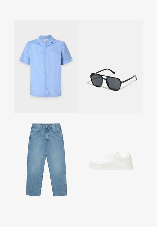 Srajca kratkih rokavov v svetlo modrem lanu, z ovratnikom, sprednjim gumbom in sproščenim krojem. Gladka tekstura z minimalnim okrasjem.; Svijetloplavi traper široki traperice s visokim strukom, s pet džepova, petljama za remen i mekom, pomalo izblijedjelom teksturom.; Bela teniska z gladkim usnjenim zgornjim delom, ravnimi vezalkami in debelim gumijastim podplatom. Minimalistična zasnova vključuje diskretno šivanje in brezšivne detajle.; Črne sončne naočniki z oktagonalnim okvirjem, temnimi lečami, sijočo površino, tankimi nogicami in zlatimi detajli spredaj.