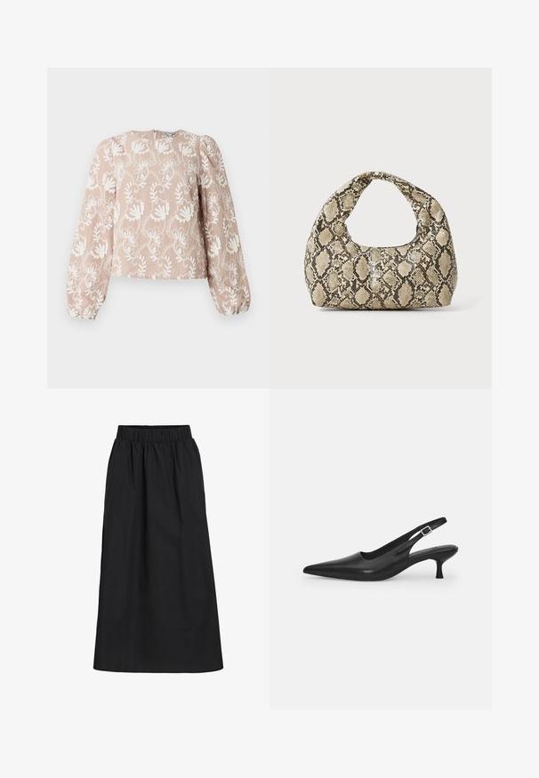 Smėlinės spalvos ilgomis rankovėmis palaidinė su balta gėlių siuvinėjimu, apvaliu iškirptu kaklu, pūstomis rankovėmis ir elastinėmis rankogaliais.; Juoda, iki kelių siekianti sijonas, pagamintas iš minkštos, lengvos medžiagos. Turi elastingą juosmenį ir paprastą, laisvai krentančią išvaizdą be papuošimų.; Juodos odinės slingback bateliai su smailiu nosiu ir plonu, lenktu kulnu. Yra diskretiška reguliuojama juostelė su metaliniu sagtimi.; Gyvatės rašto rankinė su kreiviu rankenėle. Pagaminta iš tekstūruotų smėlio ir rudos spalvos medžiagų, su išskirtiniu rombo raštu.