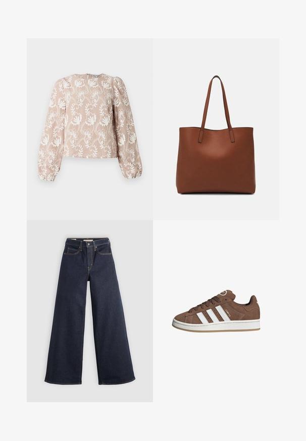 Beige long-sleeve blouse with white floral embroidery, rounded neckline, puffed sleeves, and elastic cuffs.; Wide-leg denim jeans in dark blue with contrast stitching. Features traditional five-pocket design and a button closure at the waist.; Brown suede sneakers with white leather stripes, rubber sole, rounded toe, and lace-up front. Features a logo on the tongue and perforated accents.; Brown leather tote bag with a smooth texture, open top design, and two shoulder straps. Features minimal stitching and no visible hardware.
