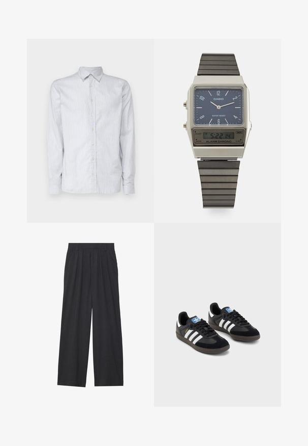 Cămașă cu dungi albastre deschise, cu mânecă lungă, din material de bumbac. Are un guler clasic, închizătoare cu nasturi și manșete înguste cu dungi asortate.; Pantaloni largi dintr-un material gri închis. Prezintă pliuri la talie, un design ajustat și o siluetă dreaptă.; Tenisi negri cu superior din suede și sintetic, având trei dungi albe, talpă din cauciuc texturat și etichetă albastră cu logo pe limbă.; Ceas digital Casio cu un cadran albastru, carcasă argintie și curea stratificată din cauciuc negru. Afișează ora și setările alarmei. Rezistent la apă.